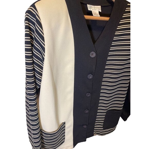 Adolfo Black Cream Color Block Button Front V Neck Long Jacket Sz M - Picture 5 of 7